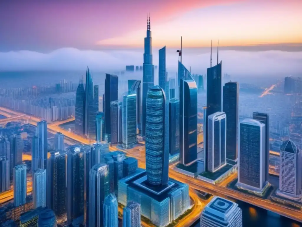 Blockchain en la ciudad del futuro: transacciones inmobiliarias transparentes Vista futurista de la ciudad con tecnología blockchain en mercado inmobiliario internacional