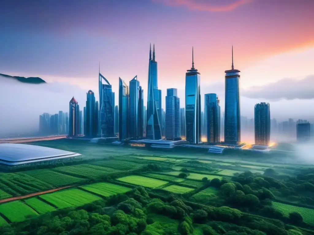 Metrópolis futurista: tecnología y naturaleza en armonía Vista futurista de una ciudad con tecnologías emergentes y terrenos sin desarrollar