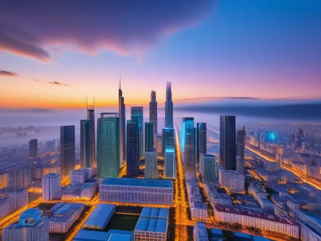Skyline futurista con transacciones inmobiliarias blockchain al atardecer Vista futurista de ciudad con transacciones inmobiliarias blockchain en atardecer vibrante