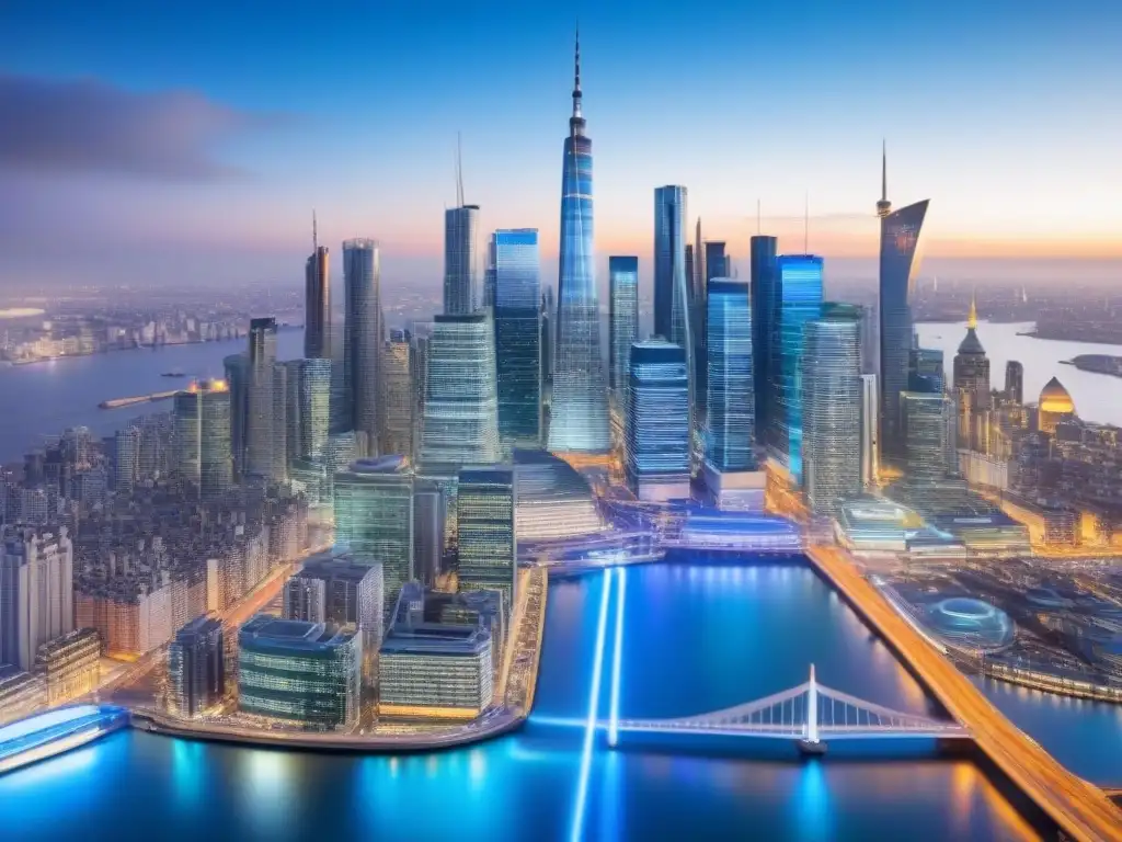 Skyline global: inversión inmobiliaria y finanzas internacionales Vista futurista de ciudades globales con iconos y gráficas, representando Inversión inmobiliaria internacional para diversificación