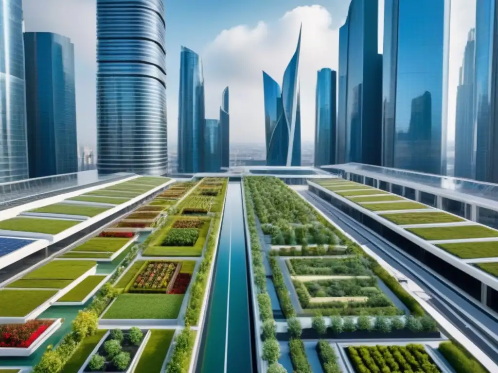 Complejo de rascacielos futurista y sostenible en ciudad internacional Vista futurista de complejo de rascacielos ecológicos en ciudad internacional, simbolizando oportunidades inversión mercado inmobiliario internacional