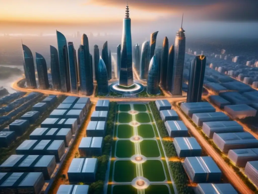 Metrópolis futurista de Norteamérica: paisaje urbano de vanguardia en 8k Vista futurista de Desarrollo inmobiliario en Norteamérica con rascacielos avanzados, calles llenas de vehículos autónomos y tecnología innovadora