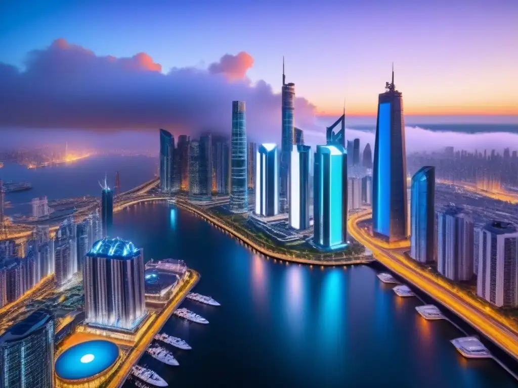 Metrópolis futurista: drones AI en campañas inmobiliarias Vista futurista de drones AI para marketing influencer bienes raíces inteligencia artificial en ciudad ultramoderna