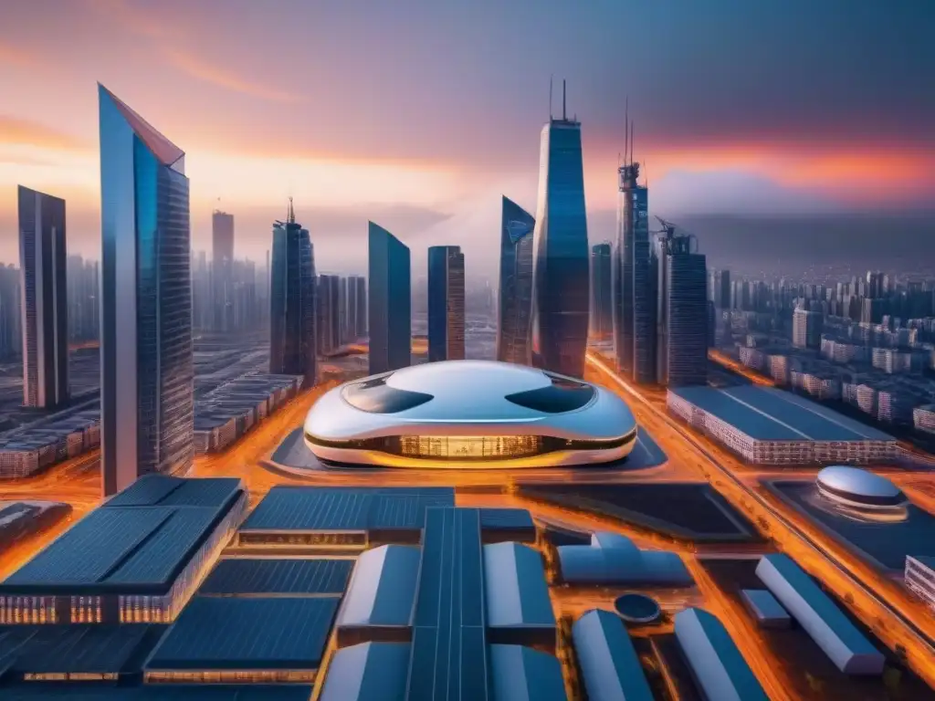 Metrópolis futurista: drones AI protegiendo rascacielos Vista futurista de drones AI vigilando highrises en distrito inmobiliario