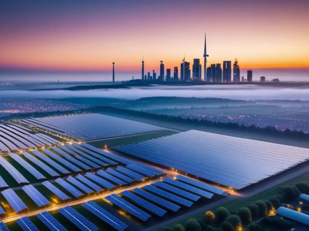 Metrópolis futurista: arquitectura sostenible y energía renovable en 8k Vista futurista de edificaciones internacionales con energía renovable