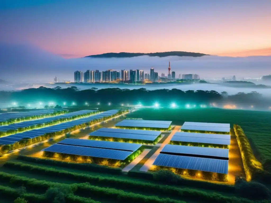 Metrópolis futurista eco-eficiente al anochecer Vista futurista al anochecer de edificaciones verdes en ciudades inteligentes