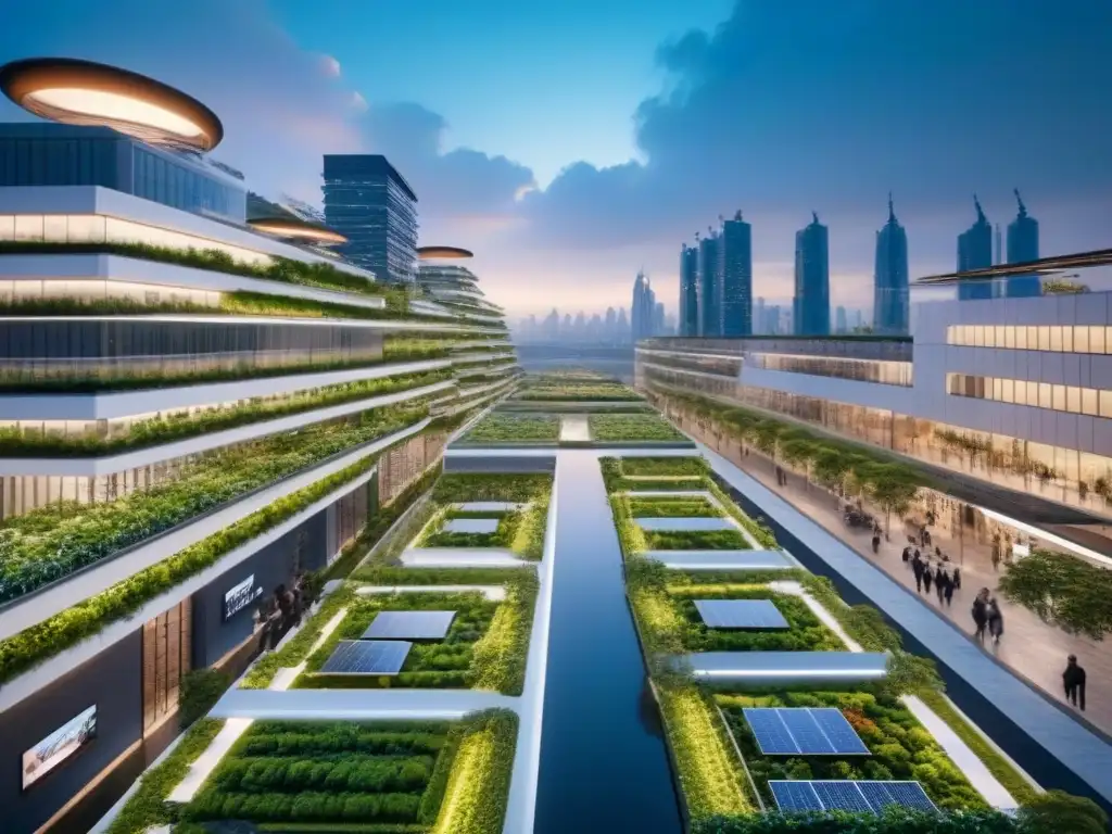 Metrópolis futurista: edificios verdes en red, sostenibles y vanguardistas Vista futurista de edificaciones verdes en una ciudad inteligente al atardecer