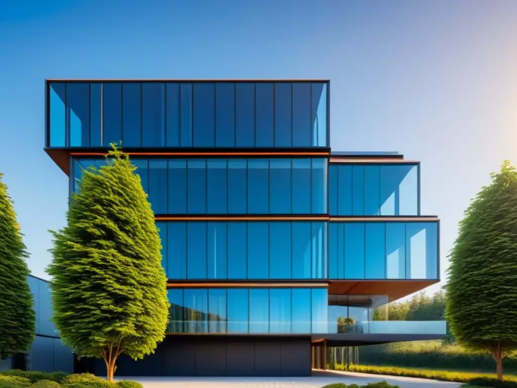 Edificio futurista energía cero con paneles solares Vista futurista de edificio energía cero, integrando paneles solares, rodeado de vegetación y vidrio reflectante
