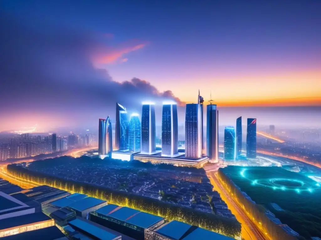 Metropolis futurista: Edificios inteligentes con seguridad avanzada Vista futurista de edificios inteligentes con seguridad global, iluminados con LED energéticos