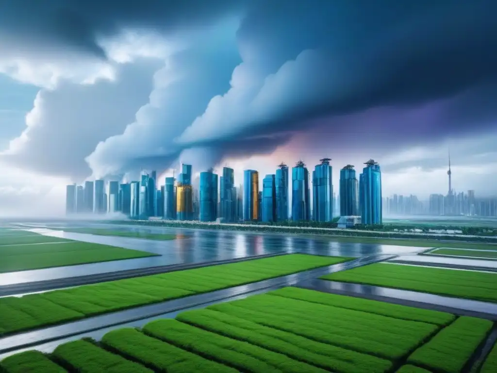 Metrópolis futurista: edificios resilientes desafían tormenta Vista futurista de edificios resistentes a desastres naturales