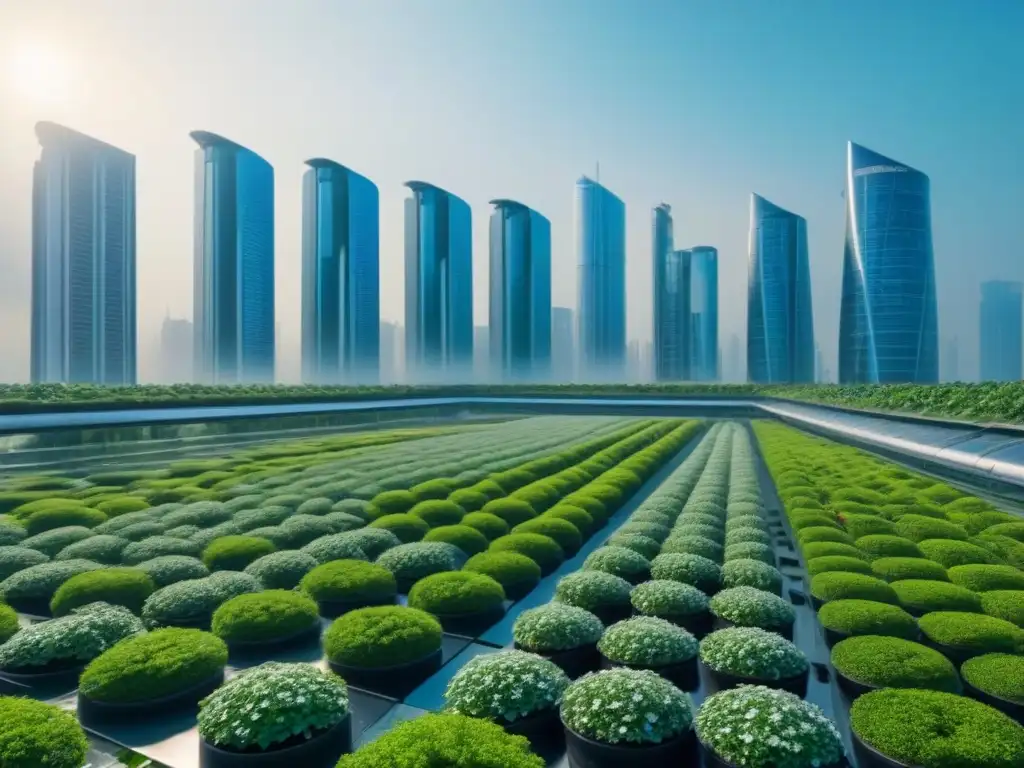Metrópolis futurista ecoamigable con rascacielos verdes Vista futurista de edificios verdes rentabilidad inversión en una ciudad ecológica y moderna