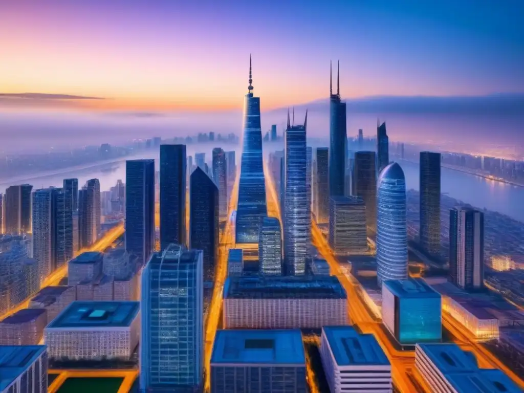 Vista futurista del horizonte urbano con patrones de blockchain, reflejos de luz en una superficie vidriada