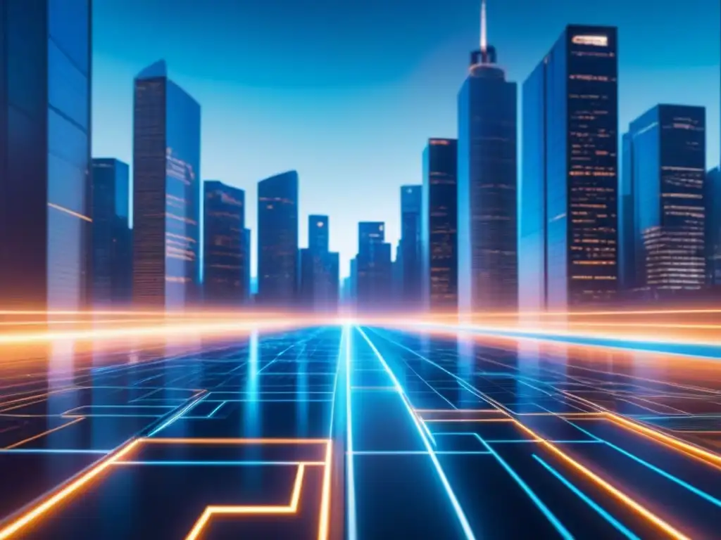 Vista futurista de la integración del crowdfunding inmobiliario y blockchain en una ciudad tecnológica
