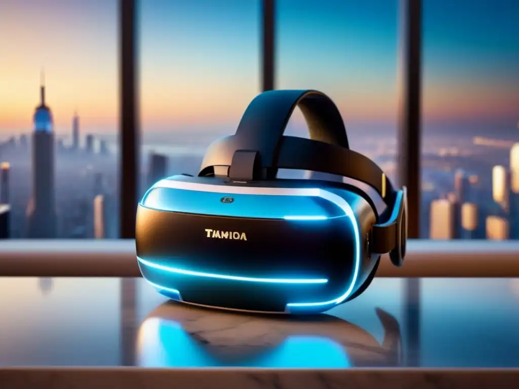 Realidad virtual de lujo: sofisticación futurista en 8k Vista futurista de la inversión inmobiliaria internacional con realidad virtual en mesa de mármol lujoso