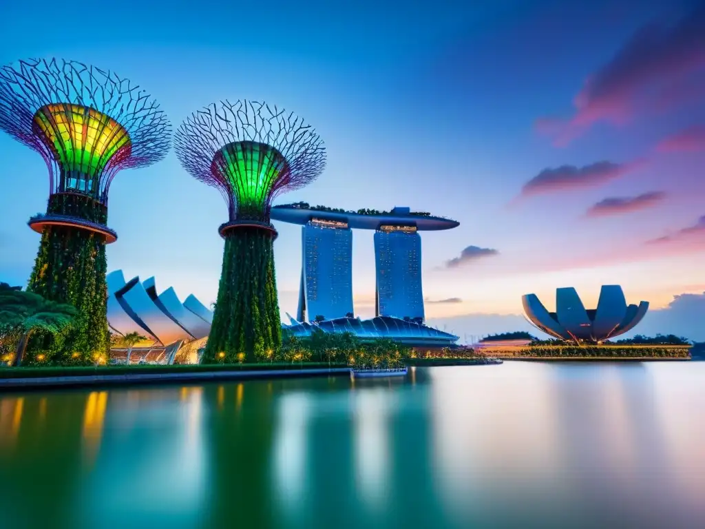 Skyline futurista de Singapur al atardecer Vista futurista de Singapur al anochecer con la legislación inmobiliaria de países pioneros