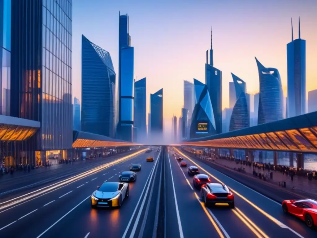 Horizonte urbano futurista al anochecer: luces y progreso postBrexit Vista futurista del mercado inmobiliario internacional post-Brexit en una moderna ciudad al anochecer