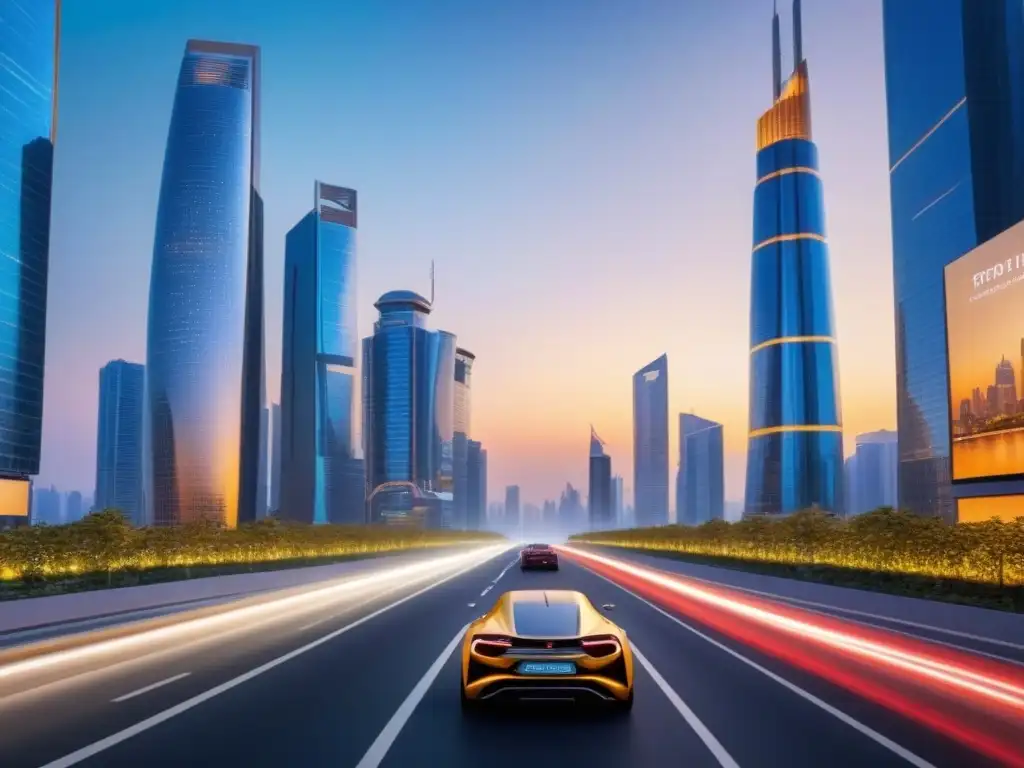 Metrópolis futurista: real estate en auge Vista futurista de mercados inmobiliarios emergentes con regulaciones fiscales, rascacielos innovadores y actividad urbana vibrante al atardecer