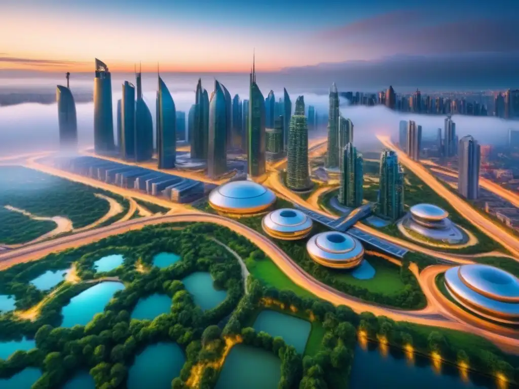 Metrópolis futurista: ciudad global del mañana Vista futurista de una metrópolis global con rascacielos, transporte avanzado y espacios verdes, ideal para inversiones inmobiliarias internacionales a largo plazo