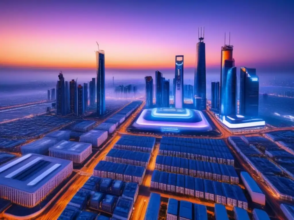 Metrópolis futurista al atardecer: skyline 8k con drones y autos autónomos Vista futurista de una metrópolis postindustrial al atardecer, con rascacielos, luces neón y drones