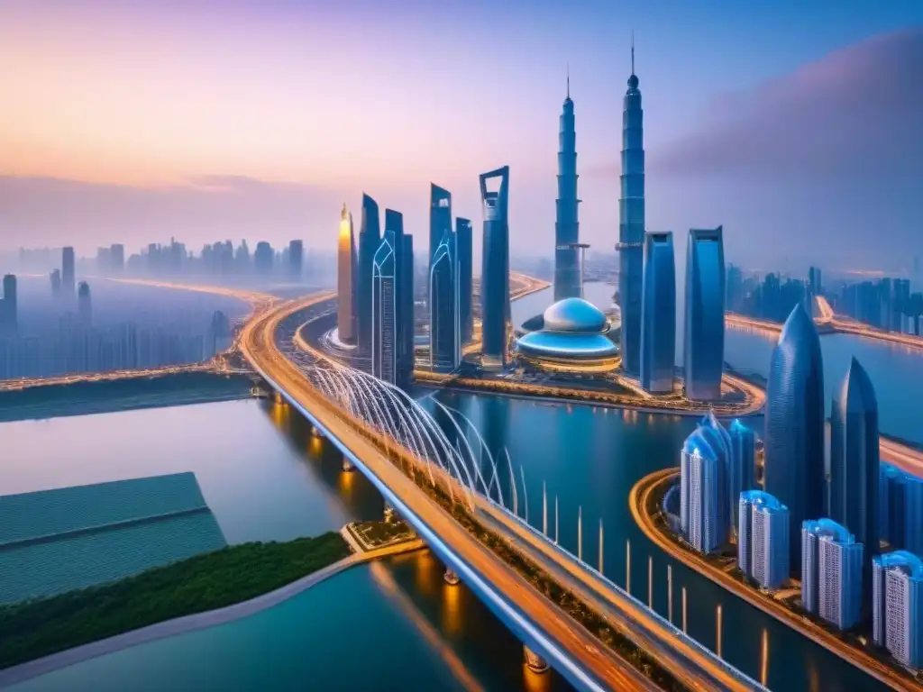 Metrópolis futurista en la Ruta de la Seda: oportunidades inmobiliarias Vista futurista de una metrópolis vibrante en la Franja y la Ruta, representando oportunidades en el mercado inmobiliario