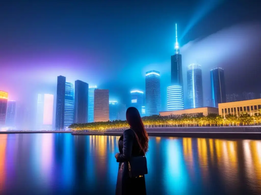 Metrópolis futurista: rascacielos en neon Vista futurista nocturna de la ciudad con rascacielos iluminados por luces de neón y cámaras de seguridad avanzadas, reflejando en el agua