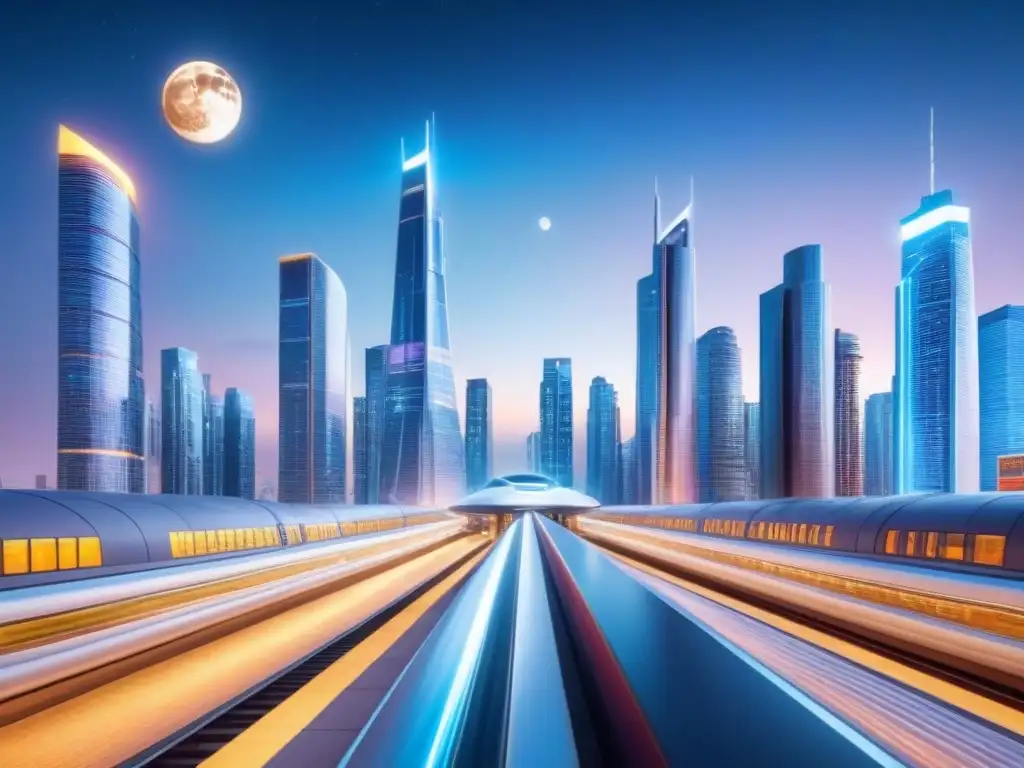 Metrópolis futurista: inversión inmobiliaria tecnológica Vista futurista nocturna de la ciudad: rascacielos iluminados, autos voladores, trenes futuristas y datos de inversión inmobiliaria