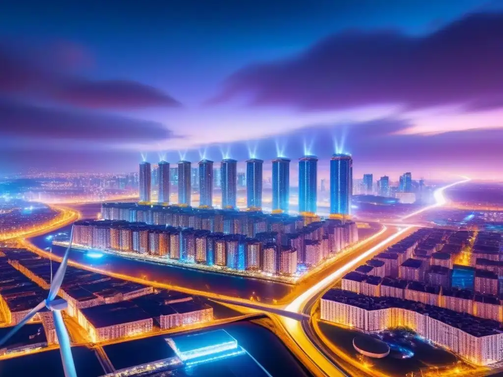 Metrópolis futurista energéticamente eficiente Vista futurista nocturna de ciudad con edificios eficientes brillantes en luces suaves