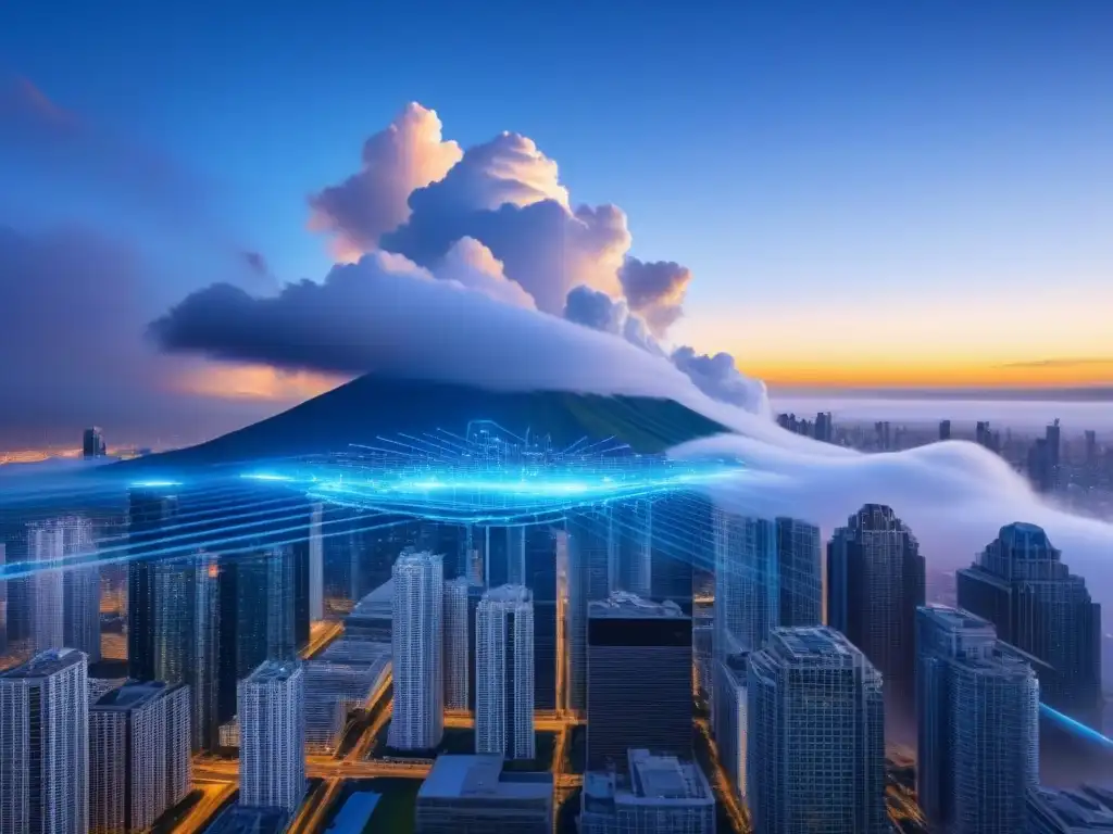 Red de computación en la nube futurista en atardecer Vista futurista de plataformas gestión propiedades nube internacionales entre rascacielos de vidrio y datos azules en atardecer