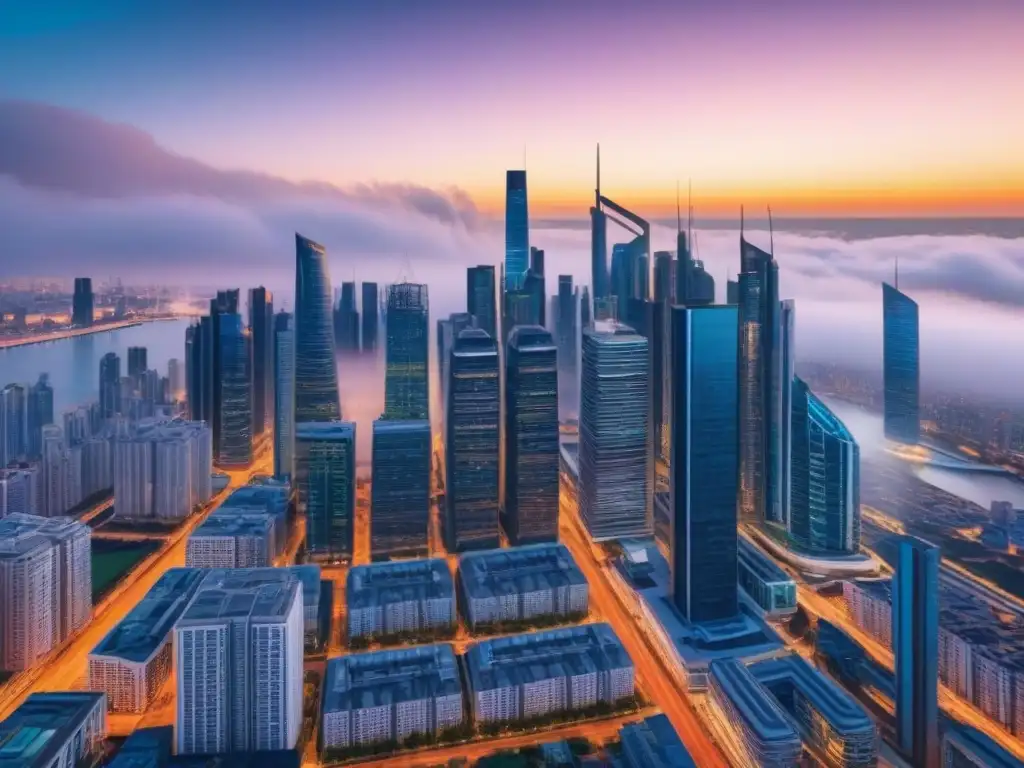 Skyline futurista: integración global en bienes raíces Una vista futurista de rascacielos conectados iluminados, reflejando sinergias postfusión mercado inmobiliario internacional