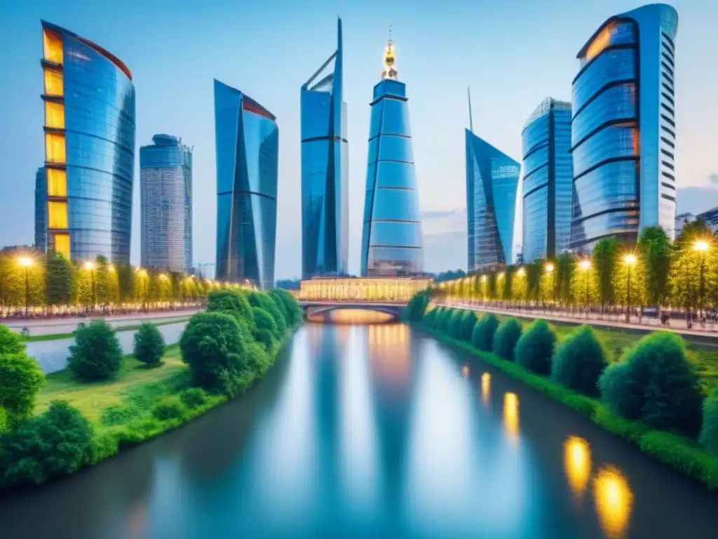 Horizonte futurista en Europa del Este: Arquitectura innovadora en 8k Vista futurista de Europa del Este con rascacielos innovadores y naturaleza exuberante, ideal para inversiones inmobiliarias en Europa del Este