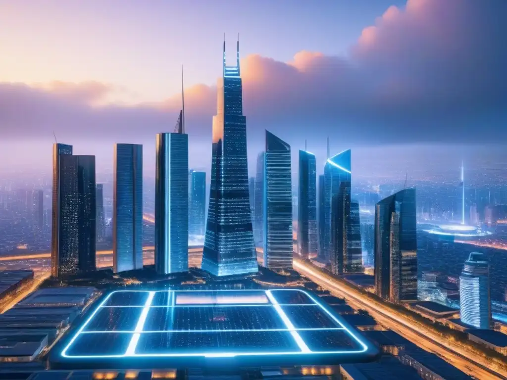 Ciudad futurista: Integración blockchain en inversiones inmobiliarias Vista futurista de rascacielos interconectados por redes blockchain, resaltando estrategias protección inversiones inmobiliarias