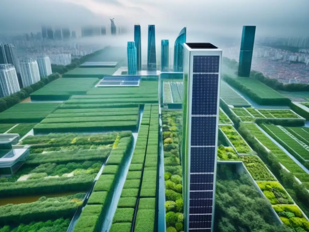 Rascacielos sostenible en ciudad verde futurista Una vista futurista de un rascacielos sostenible integrado en una ciudad verde, con paneles solares y jardines verticales