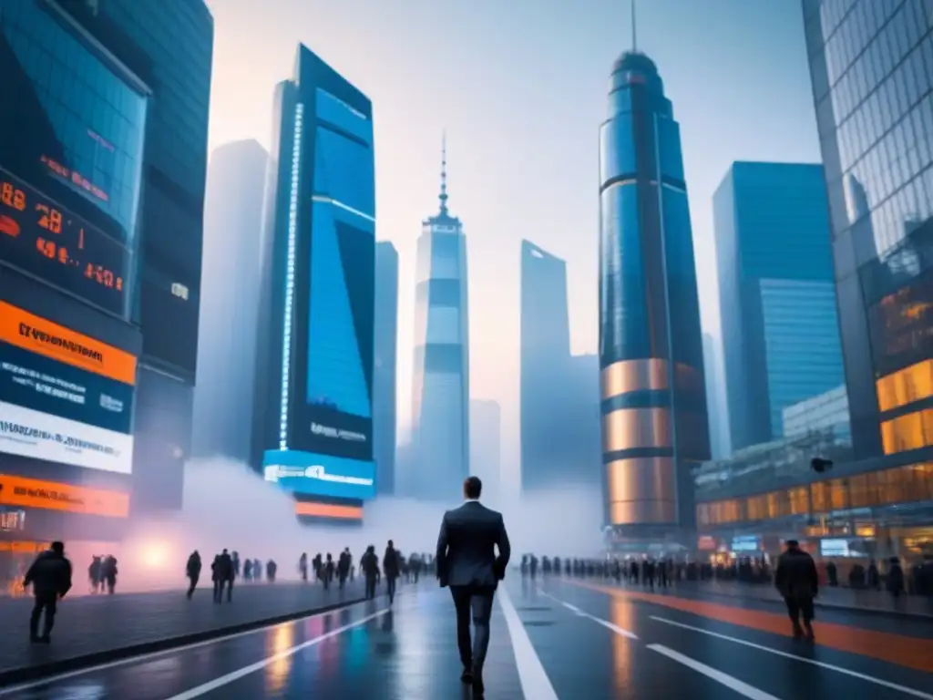 Innovación en Bienes Raíces Comerciales: Futurista Ciudad de Rascacielos Vista futurista de rascacielos con tecnología avanzada y propiedad comercial moderna