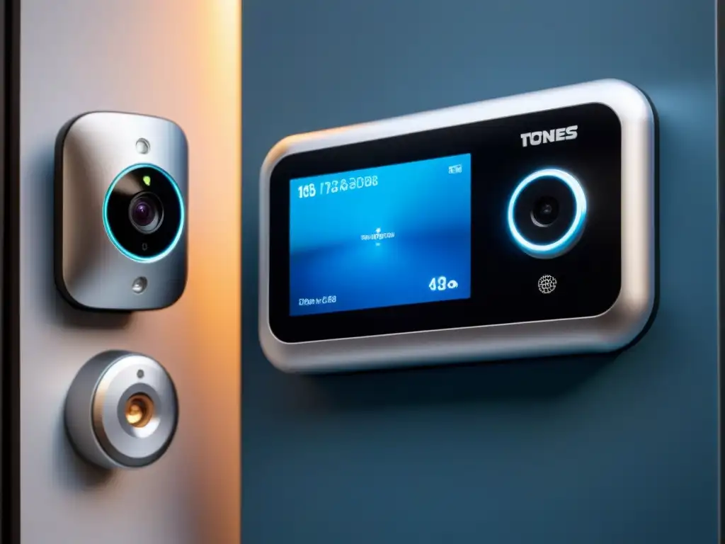 Sistema de seguridad domótico futurista: cámara de vigilancia, cerradura digital y panel de control Vista futurista de sistemas inteligentes en seguridad inmobiliaria con cámara de vigilancia y panel de control moderno en tonos plateados y azules
