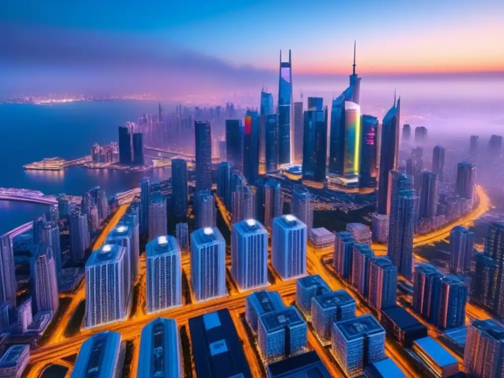 Horizonte futurista: skyline internacional de ultradetalle 8k Vista futurista de un skyline internacional avanzado, con rascacielos iluminados y diseño arquitectónico moderno