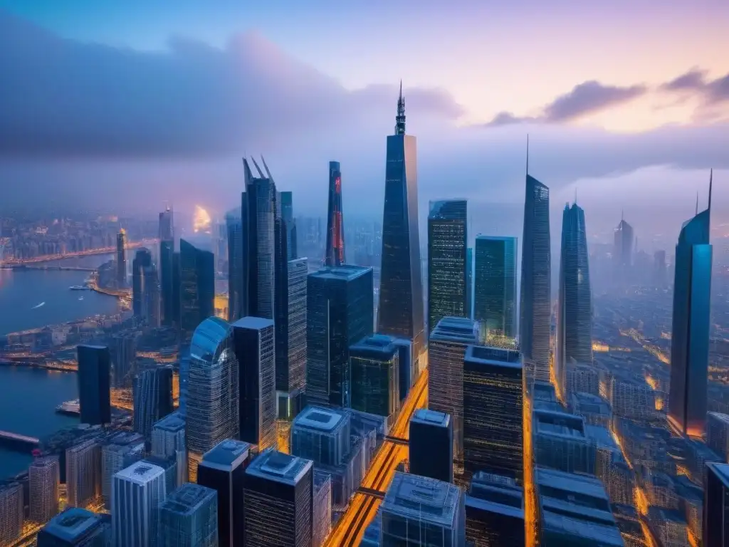 Metropolis futurista: transacciones inmobiliarias en blockchain Vista futurista de skyline urbano con arquitectura innovadora y tecnología blockchain en mercado inmobiliario internacional