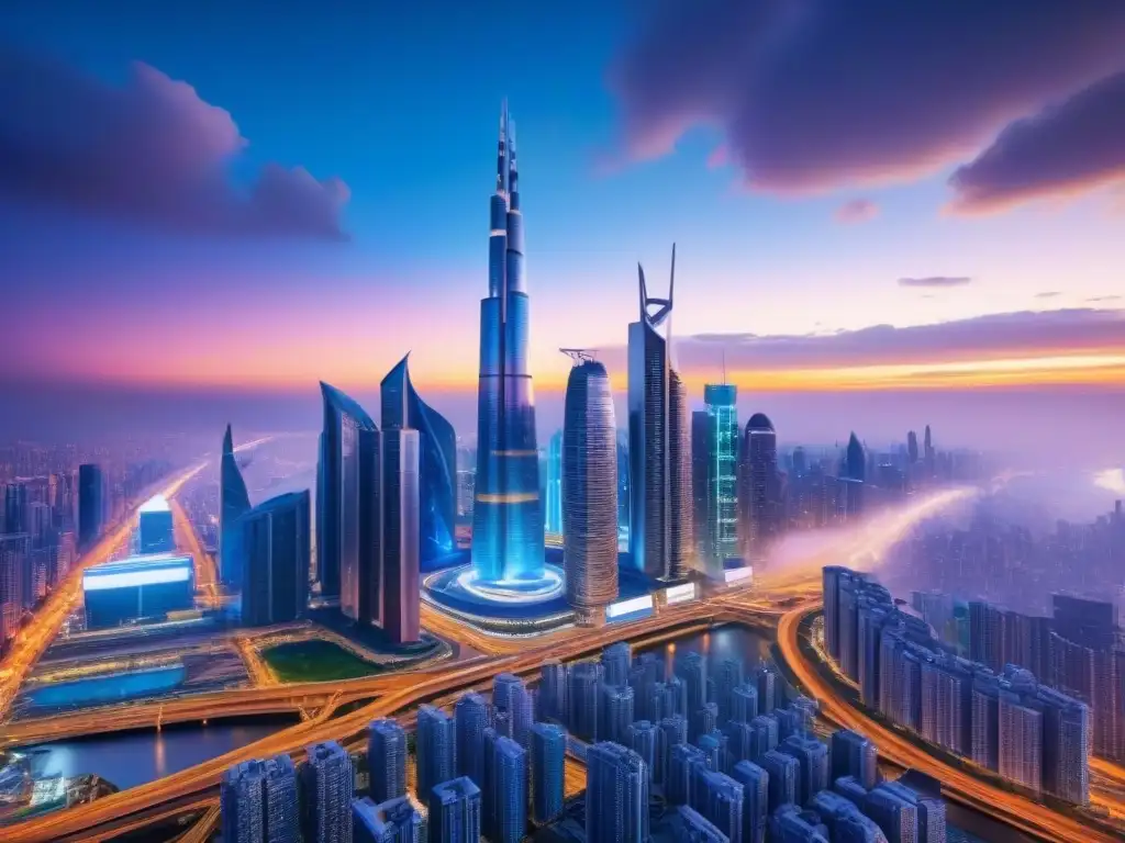 Horizonte futurista: ciudad innovadora y vibrante a 8k Vista futurista del skyline urbano al anochecer, reflejando tendencias mercado inmobiliario global