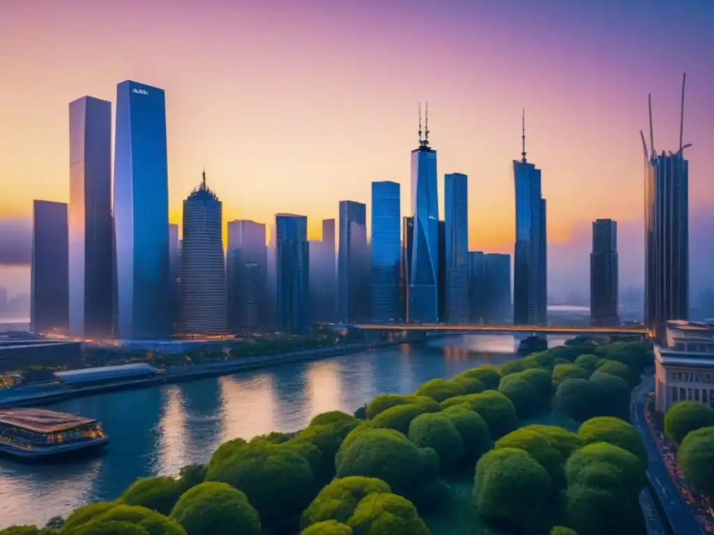 Horizonte urbano al atardecer: arquitectura moderna en 8k Vista impactante de ciudad al atardecer, reflejando el dinamismo del mercado inmobiliario ante fluctuaciones económicas