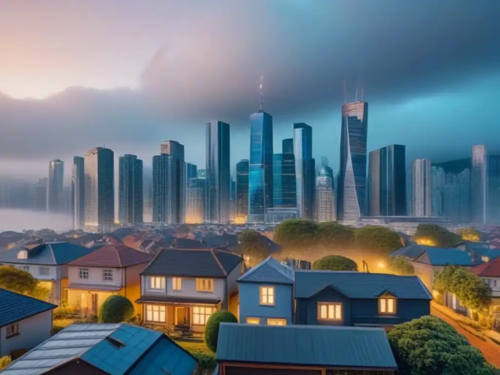 Contrastes urbanos: luces y sombras en la ciudad moderna Vista impactante de la ciudad con contrastes entre la vida urbana y la crisis económica en el mercado inmobiliario