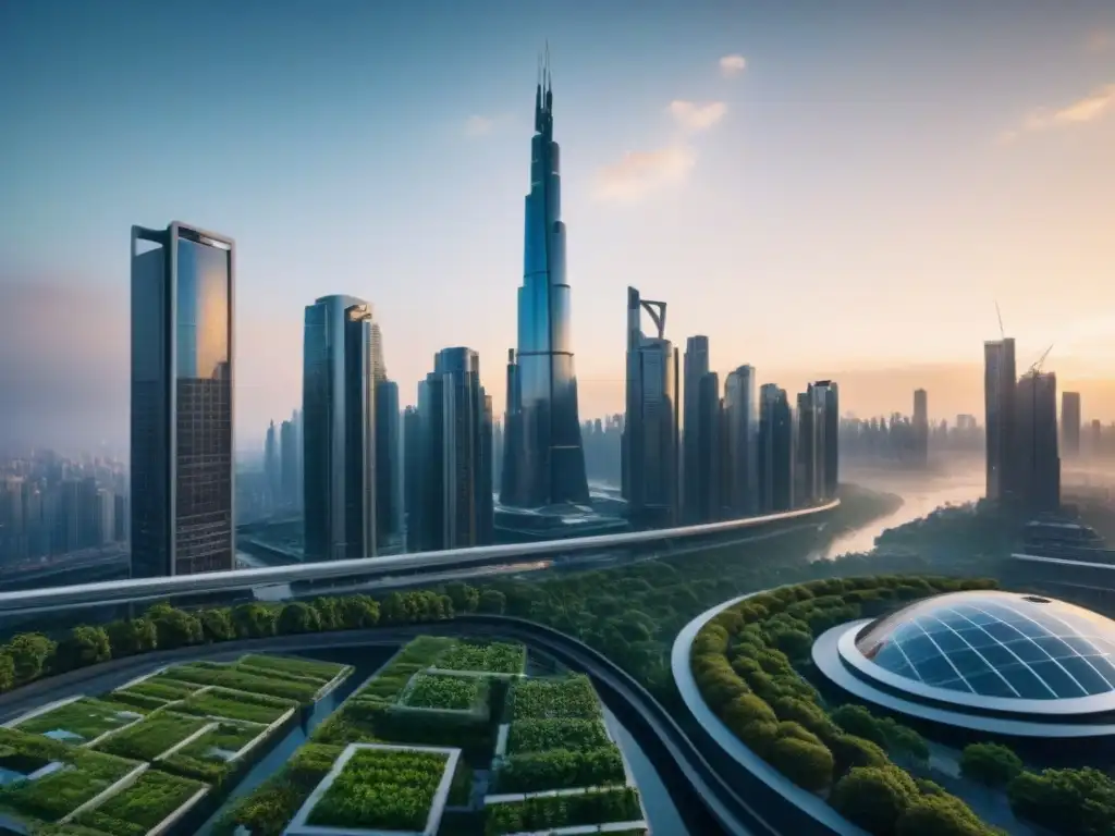 Metrópolis futurista: armonía entre modernidad y naturaleza Vista impactante de ciudad futurista con rascacielos, puentes transparentes y jardines verdes en techos