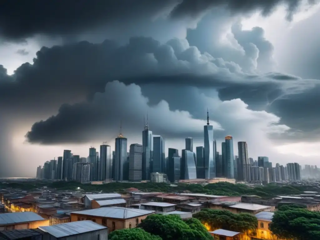 Metrópolis moderna ante tormenta: adaptabilidad en crisis económicas Vista impactante de la ciudad moderna enfrentando crisis económicas, reflejando adaptabilidad y preparación