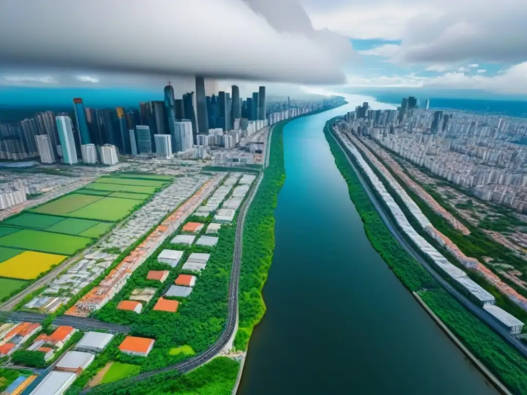 Metrópolis dividida: Norte y Sur de América en contraste Vista impactante de una ciudad moderna dividida en dos, representando Norteamérica y Sudamérica