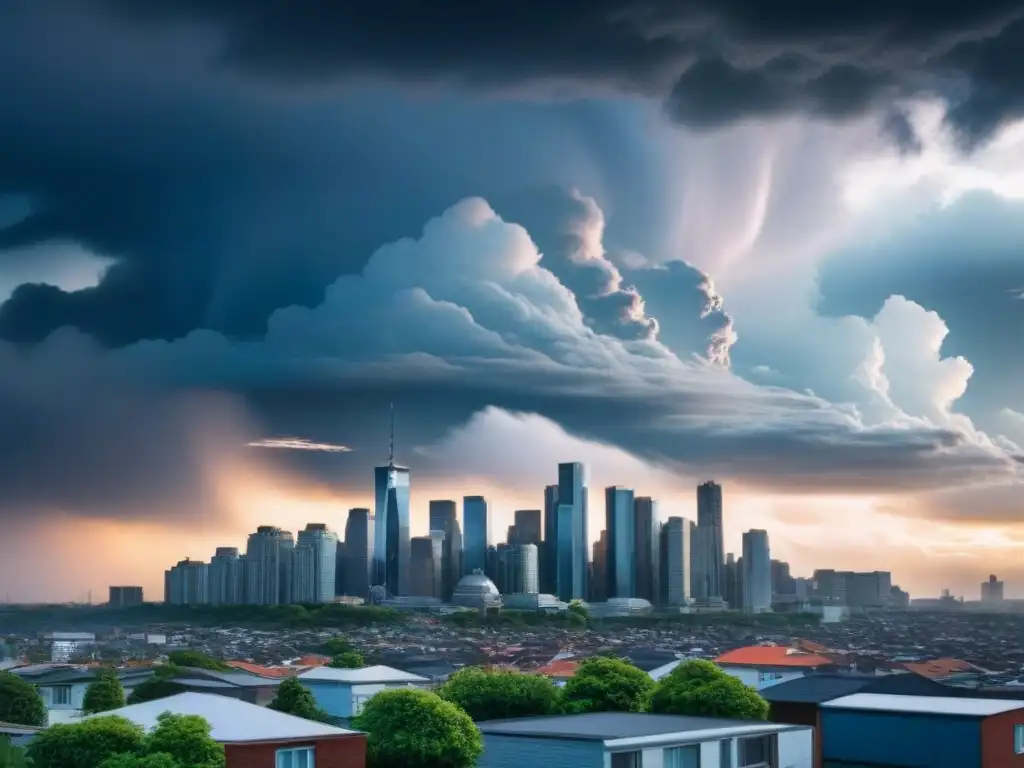 Cityscape moderno bajo nubes tormentosas: seguro de propiedades Vista impactante de una ciudad moderna con propiedades en zonas de riesgo, bajo amenazantes nubes