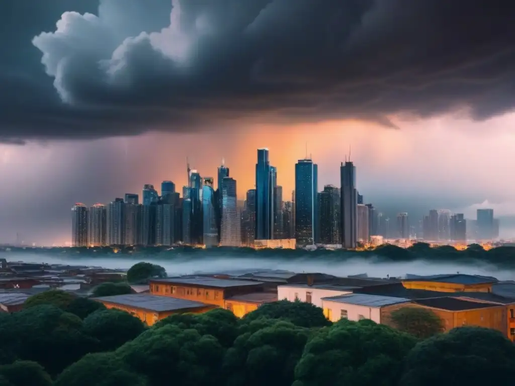 Contraste urbano: ciudad moderna en peligro bajo un cielo tormentoso Vista impactante de una ciudad moderna con rascacielos altos, iluminados por la puesta de sol y rodeados de nubes de tormenta