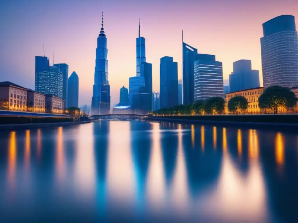 Horizonte urbano futurista: luces y arquitectura moderna en la noche Vista impactante de ciudad moderna al anochecer con rascacielos iluminados reflejados en río