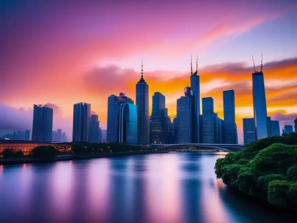 Skyline urbano vibrante al atardecer: metáfora de tiempos inflacionarios Vista impactante de la ciudad al anochecer con rascacielos iluminados y un cielo de atardecer ardiente, reflejados en un río sereno, ideal para las mejores inversiones inmobiliarias inflación