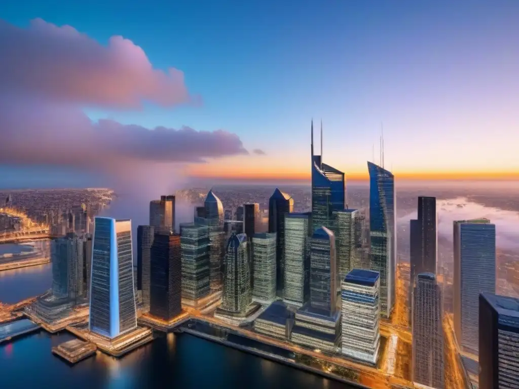 Horizonte urbano moderno: oportunidades de inversión global al atardecer Vista impactante de la ciudad, reflejo del valor de propiedades en medio de crisis económicas
