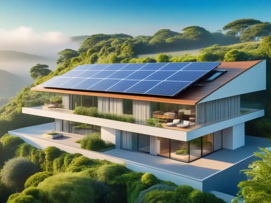 Vista impactante de propiedad sostenible con paneles solares, arquitectura moderna y naturaleza exuberante