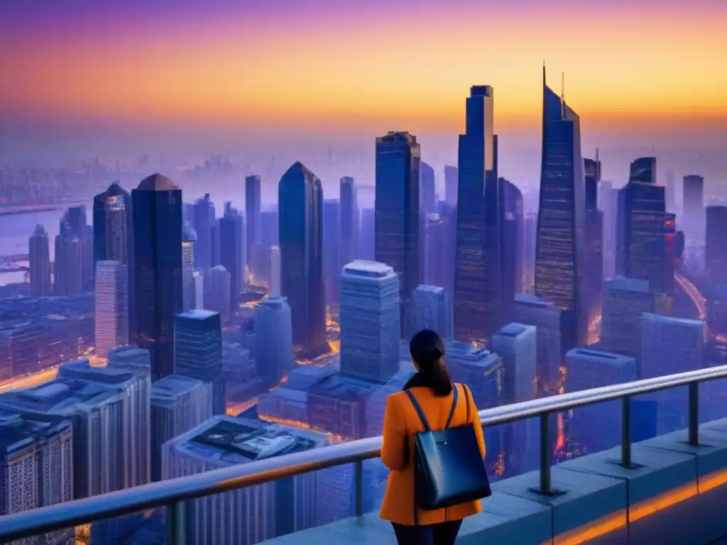 Horizonte urbano moderno al atardecer: ciudad resiliente y vibrante Vista impactante de skyline urbano moderno al anochecer, reflejando adaptabilidad y resiliencia ante fluctuaciones cambiarias en mercado inmobiliario