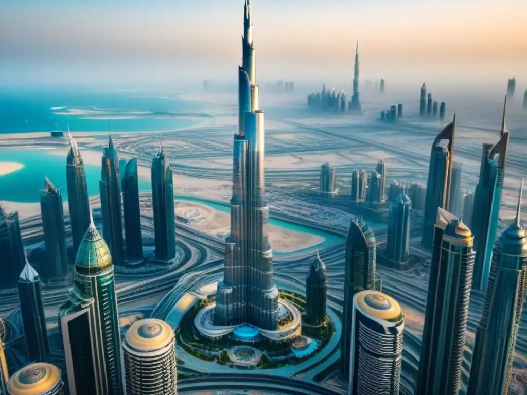 Esplendor urbano: Burj Khalifa y rascacielos futuristas en Dubai Vista de Dubái con el imponente Burj Khalifa entre rascacielos futuristas, reflejando la opulenta modernidad del mercado inmobiliario
